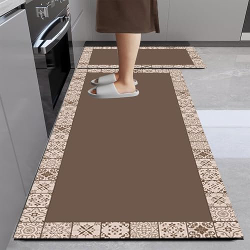 Hixingo Küche Teppich rutschfest, Kieselgur Küchenläufer Schnelltrocknend Abwaschbar Küchenteppich Absorbierend Teppich Läufer Küchenmatte Schmutzfangmatte (60x150cm,Kaffee Boho)