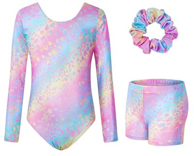 Surgoal Gymnastics Leotards for Girls with Short Long Sleeve Sparkle Ballet Dance Unitard Gymnastics Athletic Outfit 3Pcs for Kids 6-7 Years