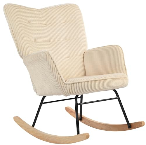 HOMCOM Schaukelstuhl mit Kordimitat Armlehne bis 120kg Beige | Schaukelsessel, Gepolsterter Sessel mit Hoher Rückenlehne, Holzkufen, Moderner Relaxsessel, Wohnzimmer, Schlafzimmer