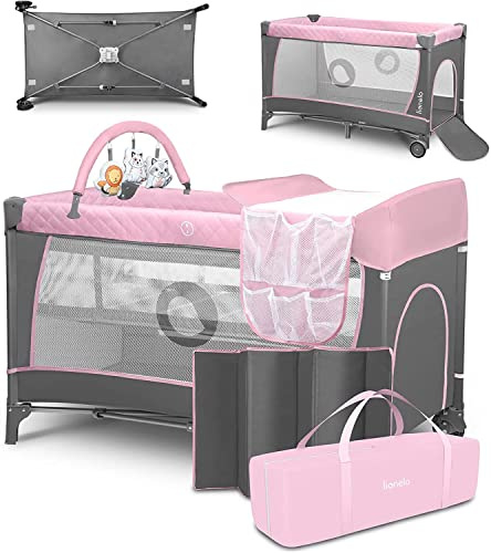 lionelo Cuna de Viaje y corralito con Flores 2 en 1 con Cambiador para recién Nacidos y niños pequeños de 0 a 36 kg, Altura de colchón de 2 Niveles, Paredes Transparentes de Malla, Entrada Lateral