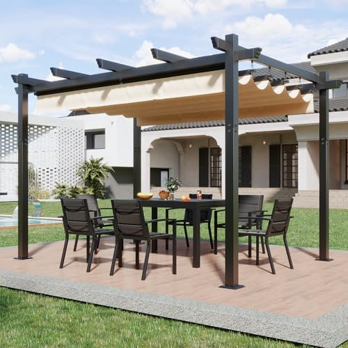 Devoko Pergola 3x4 Wasserdicht Stabil Winterfest,Mit Magnetbefestigung und Verstellbaren Schattenbereichen,Gestell aus Aluminium,Geeignet für Gärten und Terrassenüberdachung,Beige