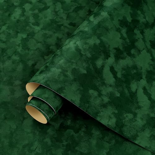 ReWallpaper Dark Green Velvet Wallpaper Self Adhesive Flocked Liner 44.5CMx2M Green Flock Wallpaper Velvet Fabric Contact Paper for Furniture Walls Vintage Textured Wallpapers for Living Room