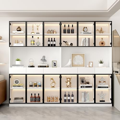 Curio Vitrin med ljus, förvaringshyllor med popup-glasdörrar, 1 stor låda och 16 färger ljus, samlarobjekt skåp displayhylla, bokhylla vitrinskåp för vardagsrum (30 x 240 x 200 cm)