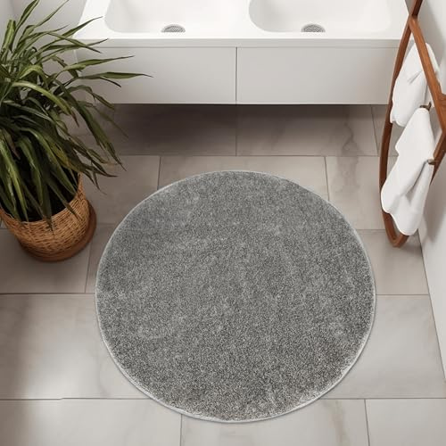 AKCILA Malmo Grau Teppich mit Glanz Runden 140 cm Shaggy Badematten & Badteppiche Badezimmerteppich Bad Vorleger waschbar rutschfest Bathroom Rug dusche Teppich Badmatten Schlafzimmerteppich