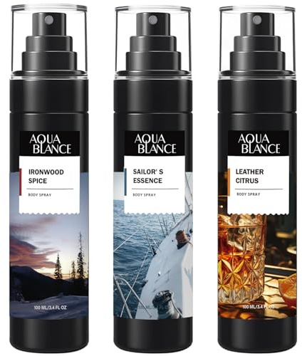 AQUA BLANCE Body Spray for Men, Mens Body Refreshing Spray, Long Lasting, Pack of 3, Each 3.4 Fl Oz, Total 10.2 Fl Oz, Ironwood Spice, Sailor' s Essence, Leather Citrus