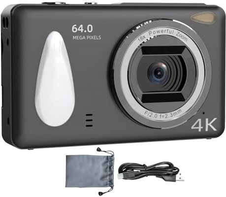 Appareil photo numérique HD – Mise au point automatique 64 MP, zoom 18x, appareil photo économique 4K pour étudiants | Grand écran de 2,4 pouces, capteur CMOS avancé, résolution ultra haute et