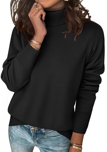 Zeagoo Strickpullover Damen Rollkragenpullover Feinstrick Elegant Pullover Langarm Strickpulli Stretch Warmer Winter Rolli Schwarz L