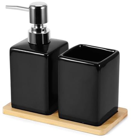 Juego de accesorios de baño, dispensador de jabón y bandeja de bambú, juego de baño de cerámica contemporáneo, reutilizable, para baño, lavabo, lavabo, bañera (negro)