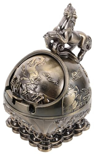EXAOMBLE Vintage Windproof Ashtray with Lid Retro Metal Tabletop Ashtray for Cigarettes Indoor Outdoor Use for Patio Home Office Decor Feng Shui Horse Design Gift for Friends and Family