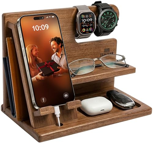 TESLYAR - Station d'accueil pour téléphone en bois pour homme, organisateur de bureau ou de chevet, cadeau d'anniversaire pour hommes, papa, idée d'anniversaire de femme - porte-clés, support