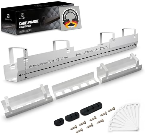 2GOODz Kabelwanne für Schreibtische, 84-122cm ausziehbar, höhenverstellbar | Incl. Zubehör - einfache Erreichbarkeit - legierter Stahl - leichte Montage