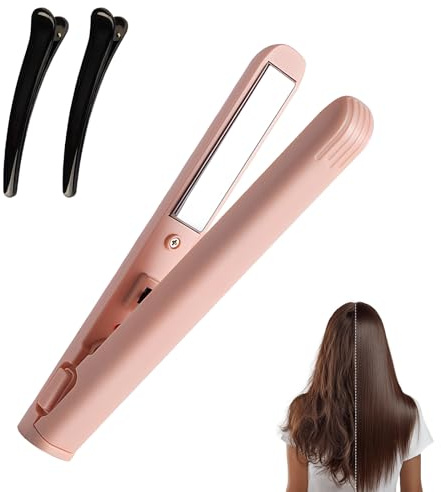 Mini Hair Straightener for Women Men,2-in-1 Portable Short Hair Straightener & Curler, USB C Rechargeable with Adjustable Temps, Small Hair Curling Iron for Home and Travel (Pink)