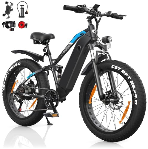 AOIHO E Bike, 26 x 4.0 Fat Tire EBike Herren Damen mit 48V 18Ah/13Ah Akku | Elektrofahrrad Reichweite 100-150 km, 250W 85NM Motor, Vollfederung, E Fatbike 7-Gang-All-Terrain E-Bike Mountainbike