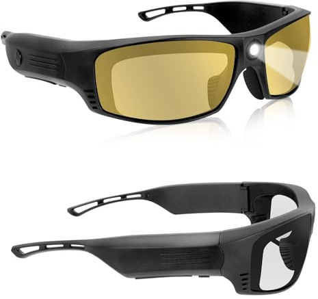 RONGJUAN Tinted Safety Glasses with Lights for Men and Women, Rechargeable LED Lights-High Lumens 13 Hours Runtime ultra light TR90 Frame Strap＆2 Lens Included(EN166)