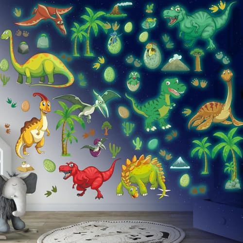 Leuchtende Dinosaurier Wandsticker, Selbstklebend Dinosaurier Wandtattoo Kinderzimmer Dino Leuchtsticker Leuchtend Wandaufkleber für Junge Kinderzimmer Schlafzimmer Grün