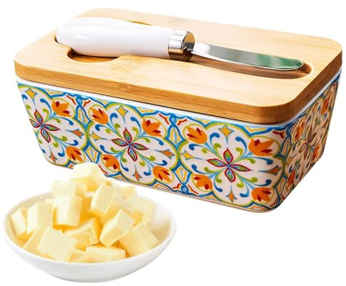 Beurrier En Céramique – Grande Capacité | Couvercle En Bois Et Céramique Hermétique – Botervloot De 350 Ml Avec Couteau À Beurre Pour Cuisine Et Table | Il Conserve Bien Le Beurre Et Convient