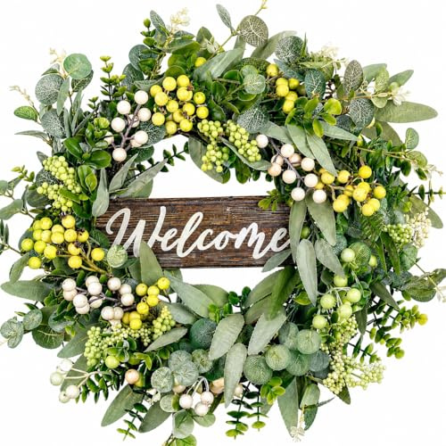 AQUPELW Eucalyptus Wreath, 46 cm/18 inch Spring Wreaths for Front Door, Summer Door Wreaths Outdoor, Door Wreath Hanger All Year, for Farmhouse Office Home Wedding Party Decoration