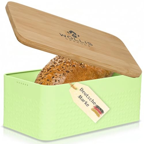 WOLLIS ORDNUNG Brotkasten I Brotbox aus Metall mit Leinenbeutel I hochwertiger stabiler Bambusdeckel verwendbar als Schneidebrett I 33x19x13cm (grün)