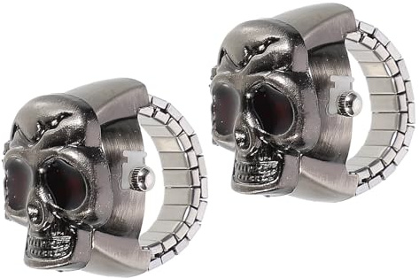 iplusmile 2 Stück Aufklappbare Retro Fingerringe Uhr mit Totenkopf Design aus Verschleißfestem Zinklegierung Coole Ringuhr für Alltag und Party
