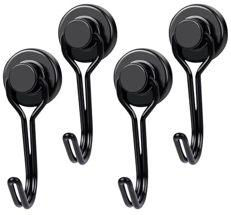 4 Pack Heavy Duty Magnetic Hooks, Black Strong Swivel Swing Magnet Hooks for Camping, Fridge, Kitchen, Magnetic Coat Hangers, Van Accessories, Cruise Essentials, Refrigerator Hook, Ceiling Hook