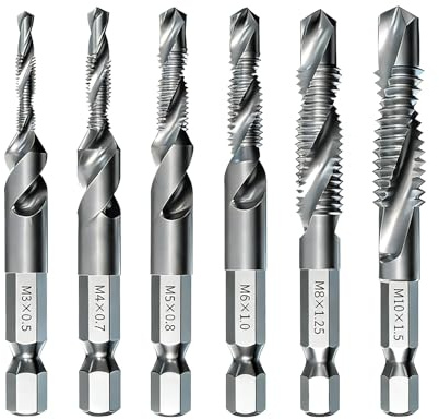 Pack of 6 Combination HSS Drill Bit Set, Hex Drill Bits and Tap Set M3 M4 M5 M6 M8 M10, Screw Tapping Threading Tools for Hard Steel Metal Wood Plastic (Silver)