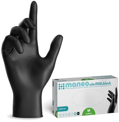 maneo 1000 gants jetables noirs taille M, protections en nitrile non poudrées sans latex, articles en caoutchouc à usage unique, protection résistante pour nettoyage, cuisine et travaux ménagers