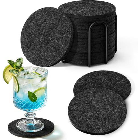 16 PCS Felt Drinks Coasters for Drinks, Grey Round Cup Mats with Holder Table Coasters Pads Mat Heat Resistant Tabletop Protection for Coffee Cups Mugs Wine Glass Bottle