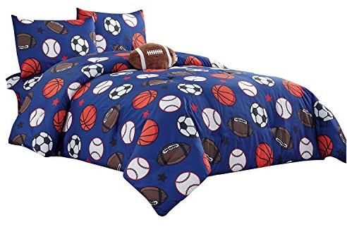 WPM Kids Collection Bedding 5 Piece Full Size Blue Comforter Set with Sheet Pillow sham and Football Pillow Soccer Baseball Basketball Print Sports Design (Football, Full Comforter)