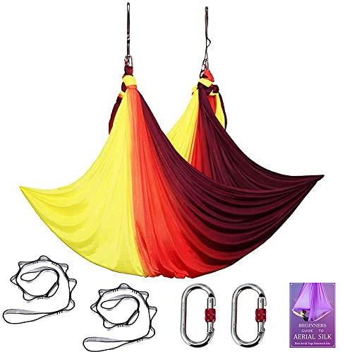 Aerial Yoga Hammock L:5M W:2.8M Aerial Pilates Silk Yoga Swing Set with 2000 Ibs Load Include Daisy Chain, Pose Guide