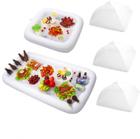 HEMOTON 2PCS Inflatable Serving Bars with Drain Plug - Food Drink Salad Buffet Tray with Mesh Food Cover for Indoor and Outdoor Party Pool Picnic Luau