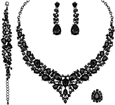 CSY Women's Vintage Austrian Crystal Necklace Earrings Bracelet Ring Set Retro Bridal Jewelry for Brides Wedding Party Gothic Costume Accessories
