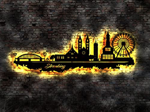 Skyline Straubing Stadt LED Wandbild Holz Stadt AK Karte Map Stadtplan Wandsticker Leuchtbild Wandtattoo Reiseführer Silhouette