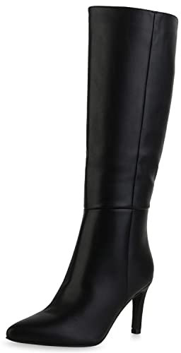 VAN HILL Damen Leicht Gefütterte Klassische Stiefel Spitze Schuhe Stiletto Absatzschuhe Basic Freizeit Boots 210014 Schwarz 37