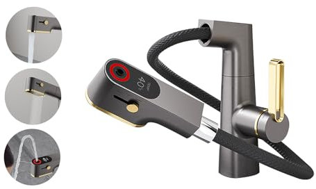 Wasserhahn bad mit Ausziehbarer Brause, Waschtischarmatur mit 3 Strahlarten, 360° Drehbar Einhebelmischer Badarmatur, Badarmatur aus Messing, Wassersparend Waschtischarmatur, Höhenverstellbar（Grau）