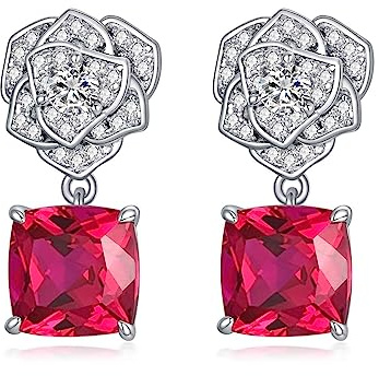 Rubin Ohrringe 925 Sterling Silber Rot Rose Blume Ohrhänger 8mm Kissenschliff Labor Erstellt Rubin
