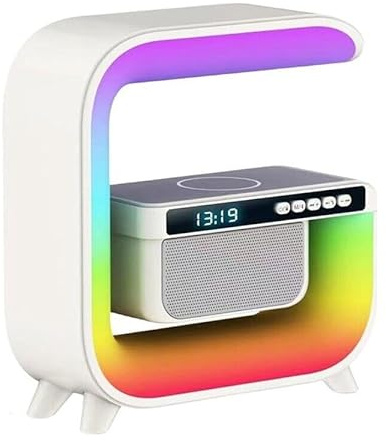 DISCORAMA LAMPADA DA COMODINO BLUETOOTH SPEAKER CON RICARICA WIRELESS, LAMPADA ALTOPARLANTE SVEGLIA OROLOGIO CON LUCI LED, LAMPADA RICARICA SMARTPHONE CASSA 5W