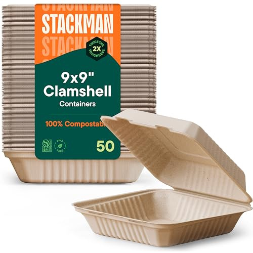 100% Compostable To Go Containers 9x9 Clamshell Take Out Food Container with Hinged Lid - Disposable Togo Plates - Biodegradable Eco-Friendly Takeout Box Made of Sugar Cane Bagasse [50-Pack]