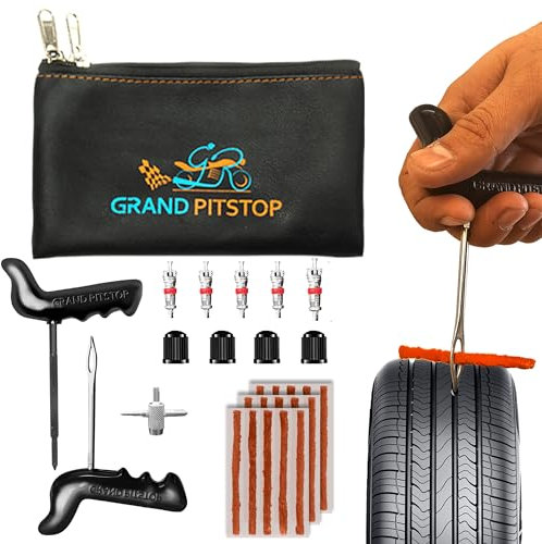 GRAND PITSTOP 27 Pcs Universal Tire Repair Kit, Heavy Duty Car Emergency Tool Kit for Flat Tire Puncture Repair, Compact Kit for Autos, Cars, Motorcycles, Trucks, RVs, etc. (15 Strips)