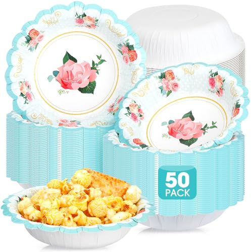 Domensi 50 Pcs Easter Floral Paper Tea Bowls 12 oz Vintage Flower Disposable Bowls Tea Party Decorations for Spring Hot Cold Food Serving Salad Soup Birthday Baby Shower Wedding Supply(Blue)