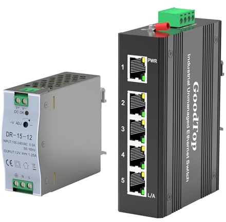 GoodTop 5 Port Gigabit Industrial Switch,10/100/1000Mbps Unmanaged DIN-Rail Ethernet Switch with 15W DIN-Rail Industrial Power Supply, IP40,One-Key VLAN,Lightning Protection