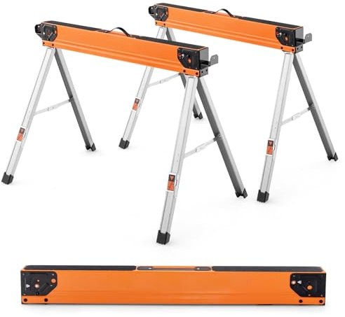COSTWAY Lot de 2 Tréteaux de Sciage Pliables Métalliques Charge 500 kg, Tréteaux Portable avec 2x4 Bras de Support Piquets Rabattables Pieds à Ouverture Rapide, 106 x 76 x 59 cm