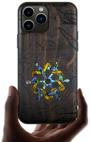 Carveit Coque Compatible avec iPhone 11 Pro Étui en Bois Cover [Gravure en Bois et Incrustation de Coquille] Case pour 11 Pro Coque Premium (Bois Sombre-Roue en Bois Vintage)