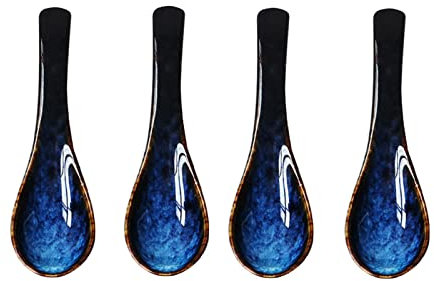 YuanSpring cuillère Vintage Cuillère en céramique, cuillère à Soupe Japonaise en céramique, cuillère de Service Bleue Ramen Hor Fun Wonton Nouilles boulettes(Size:4)