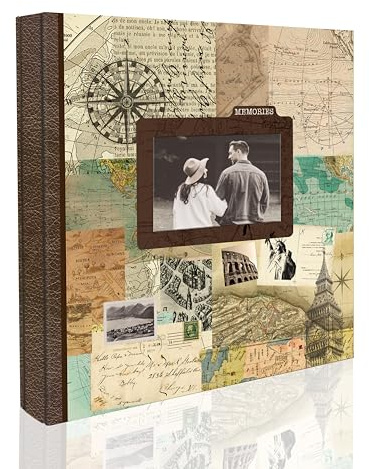Holoary Photo Album 4x6 500 Photos 5 Pictures Per Page, with Photo Frame Window, 500 Pockets 4”x6”, Printed Book Cover Travel Design World Map Adventure Vacation Travel Photo Album