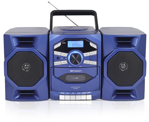 Emerson Portable CD Player Boombox with Cassette Player, Tape Recorder, AM/FM Radio, MP3 AUX Input, Detachable Speakers, AC/DC & Battery Operated – Stereo System for Home, Travel, Indoor & Outdoor Use