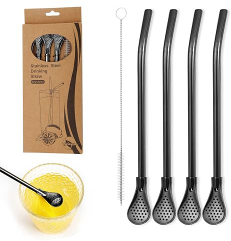 4 pcs Cuillère à Paille en Acier Inoxydable,Paille 304 Inox Réutilisables,Pailles à Boire Cuillère à Filtre,Pailles en Métal, avec cuillère filtrante, Amovible, Brosse,Pour Cocktail,Smoothie Jus(Noir)