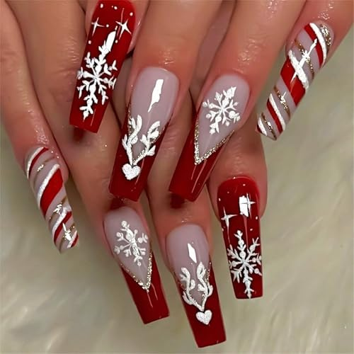 NICENEEDED 24 STK Weihnachts-Press-On-Nägel, lange quadratische rot-weiße Schneeflocken-Kunstnägel, Winter French Volldeckungs-Falschnägel für Frauen DIY Weihnachtsmaniküre Dekorationen