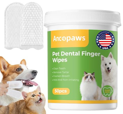 Ancopaws Teeth Cleaning for Dogs & Cats - Dental Care Finger Wipes to Remove Bad Breath - Pet Toothbrush Plaque and Tartar Remover - Tooth Brushing Kit (50 Count)
