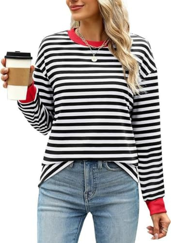 Haibang Donna Felpa a Righe Donna Maglia a Maniche Lunghe Girocollo T-Shirt Y2K Pullover con Orlo a Contrasto Camicie Vintage Casual Tunica Top per Primavera Autunno Inverno