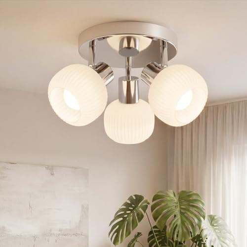 Deboola Deckenstrahler 3 Flammig Deckenleuchte Flur - Deckenlampe Weiß | Deckenspots Vintage Rund Glas Strahler Innen E14 Morden 350°Schwenkbar Spots für Schlafzimmer Wohnzimmer(Ohne Leuchtmittel)